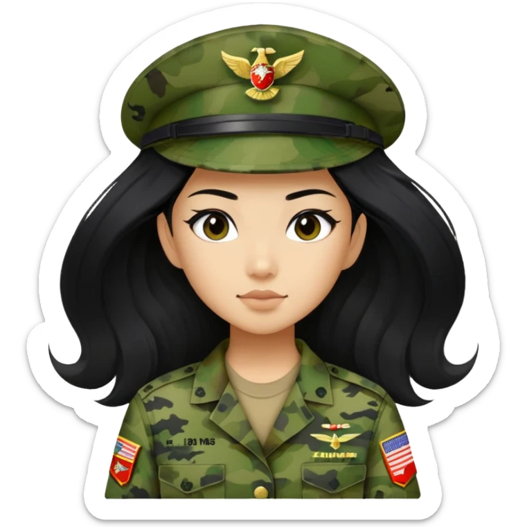 Asian girl with long black hair in the U.S. Marine Corps in green cammies sticker