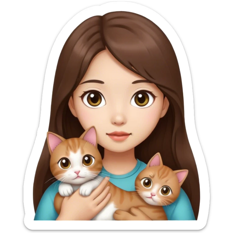 A Chinese girl with long brown hair and big eyes, holding a cat sticker