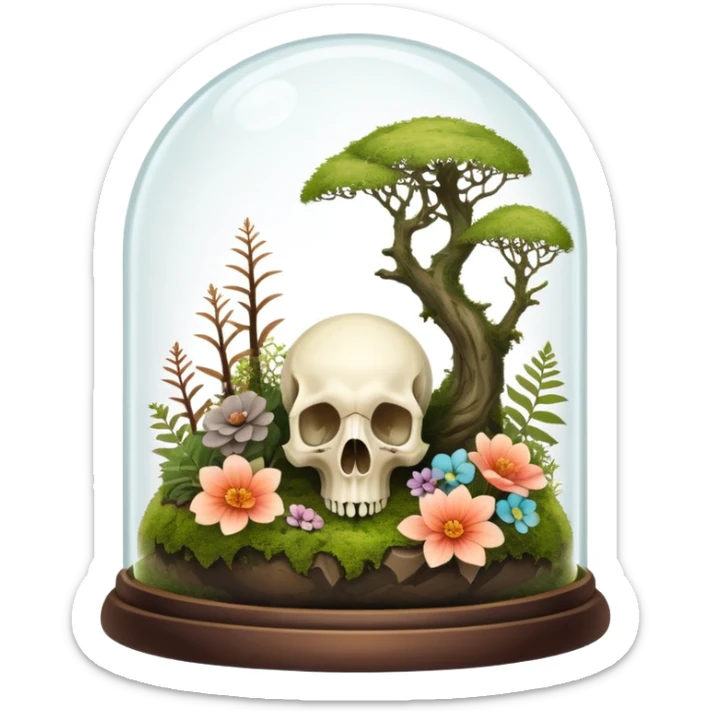 Mystical woodland glass-dome-terrarium-globe with moss and an animal-cadaver-skull and flowers inside  sticker