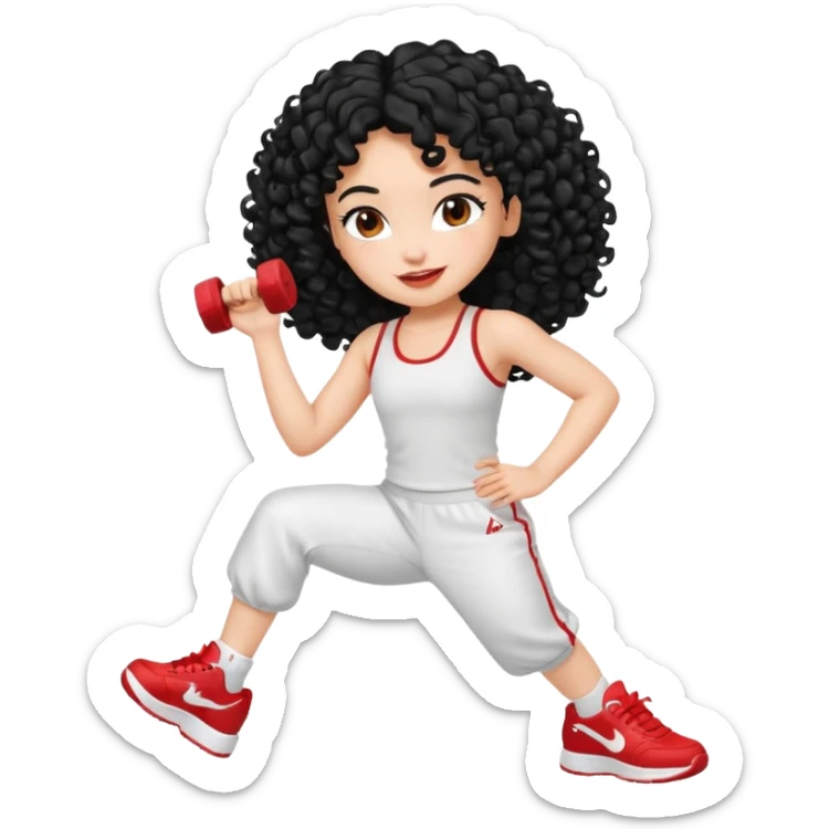 generate a pretty bratz fair skinned girl with curly black hair wearing a white gym set and excersing with red shoes on sticker