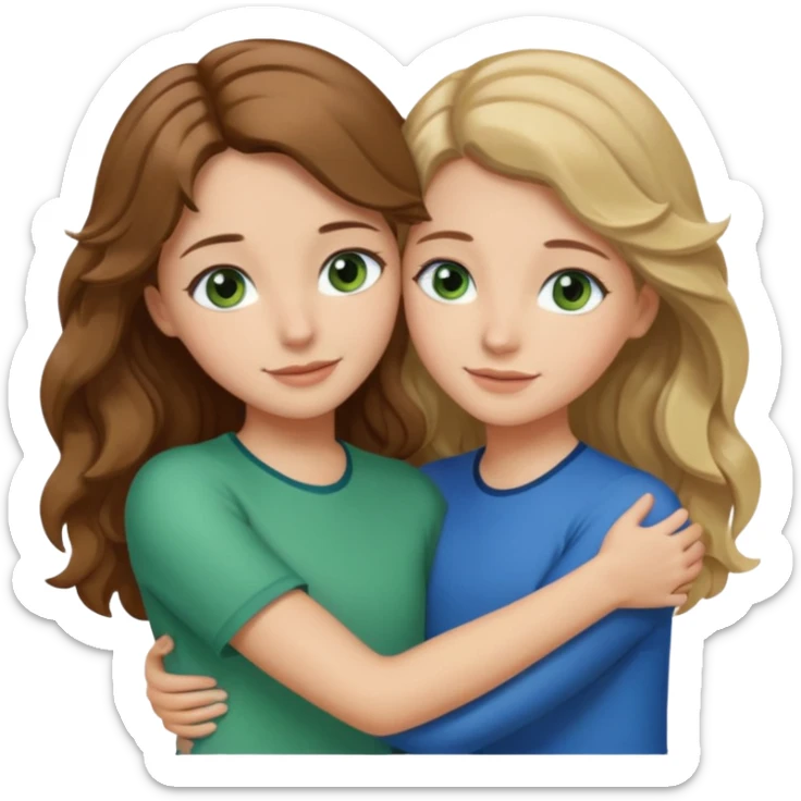 make me and my best friend togheter i have shoulder-lenght brown hair and light brown eyes and she has really long wavy hair blonde/brown hair and green/blue eyes we are hugging or taking a selfie  sticker