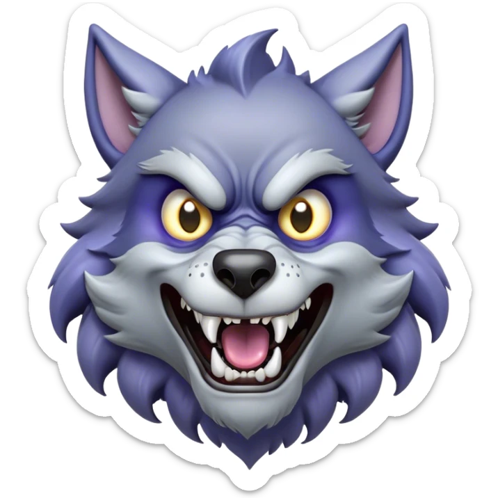 Cinematic Comical Werewolf Portrait Emoji, with a whimsically exaggerated lupine face in vivid moonlit grays and silvers, head cocked in a dramatically shocked expression with comically oversized, wide eyes and a playful snarl, simplified yet hilariously expressive, highly detailed with a soft cartoonish glowing outline capturing the mischievous humor of a werewolf mid-transformation! sticker