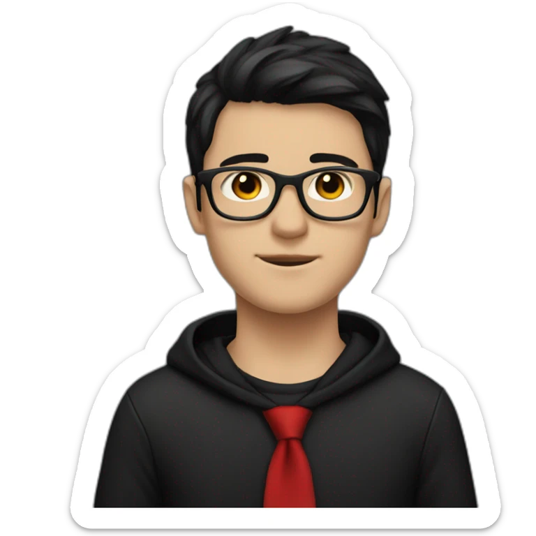 White boy wearing glasses in a black hoodies with black hair with brown eye with black shirt and red tie sticker