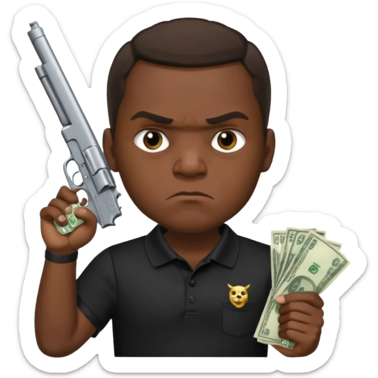 franklin saint from snowfall perhaps holding money and gun but he is mad and with a black polo shirt sticker