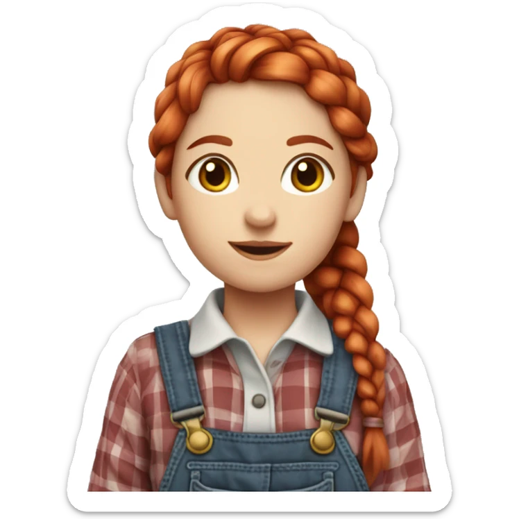 Farmer girl, red hair with braids ,and plaid shirt and overalls  sticker