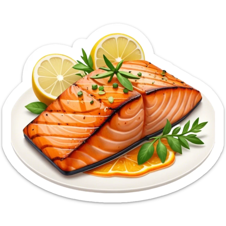 Cinematic perfectly grilled salmon, rich orange hues with crispy skin, garnished with fresh herbs, drizzled with lemon, ultra-detailed and delicious. sticker