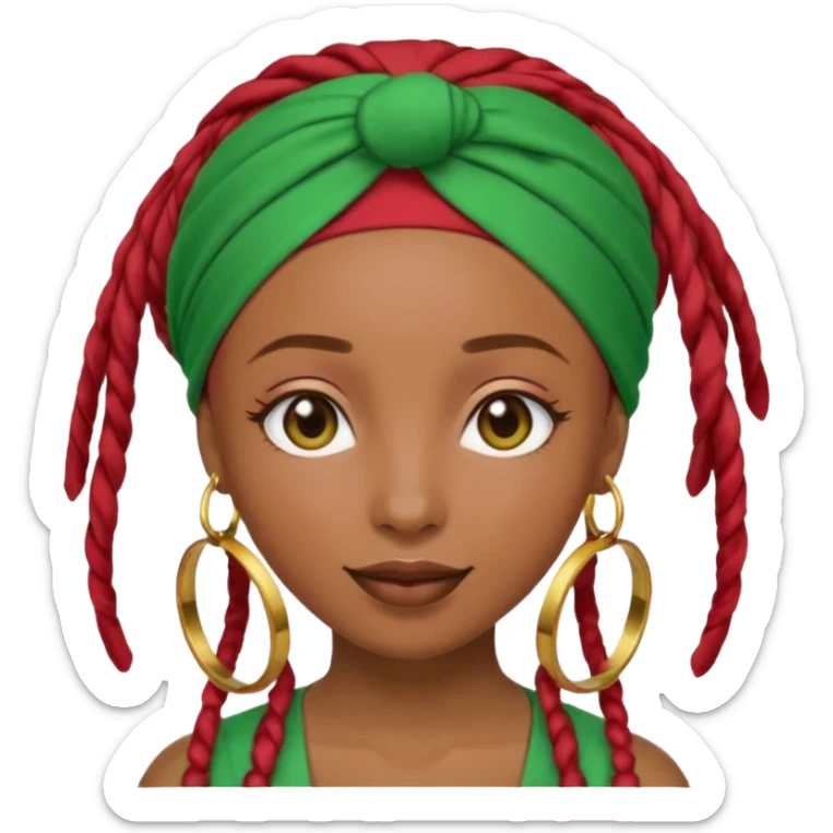 Non-portrait Jayci-vibe emoji, 1024 PNG, transparent. Headwrap (muted R-G-G), hoops, locs hint; soft smile, golden inner glow + faint heart aura. Embed: first-love, roots calm, playful grace, protective joy, consent. sticker