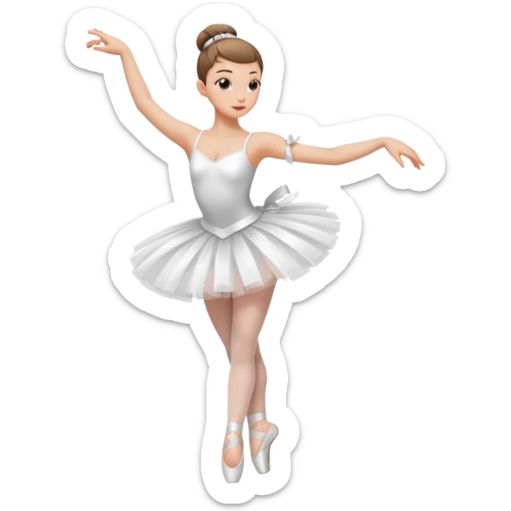 A ballerina dancing with point shoes and in a white tutu with a ribbon on her waist, she has a slick bun and a great posture sticker