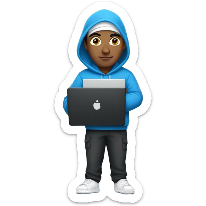 An Indian man in a blue hoodie, black pants with white sneakers carrying a closed laptop in the hand on the side near his waist sticker