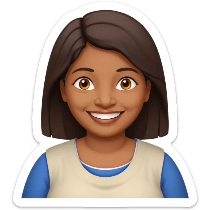 50 yr old chubby Sri Lankan woman, dark skin, straight brown hair, big smile, white teeth, european clothes, shoulder length hair sticker