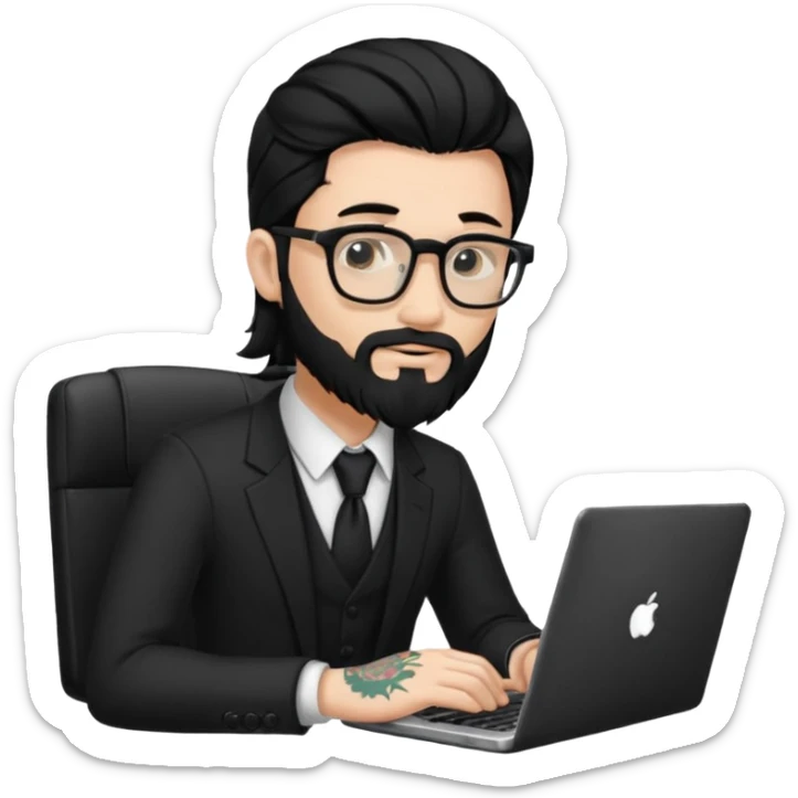 a young man with long black hair, with formal cloth, beard, wearing glasses sitting with a laptop, tattoo inyout arms sticker