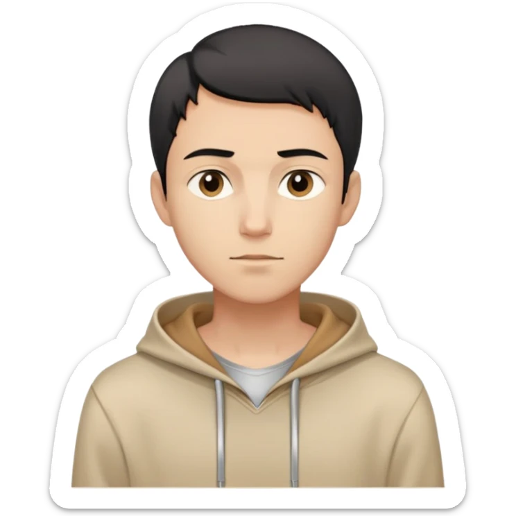 man with short black hair, slender build, light brown hoodie over white inner garment, silver necklace, calm demeanor, gentle expression, looking straight ahead sticker