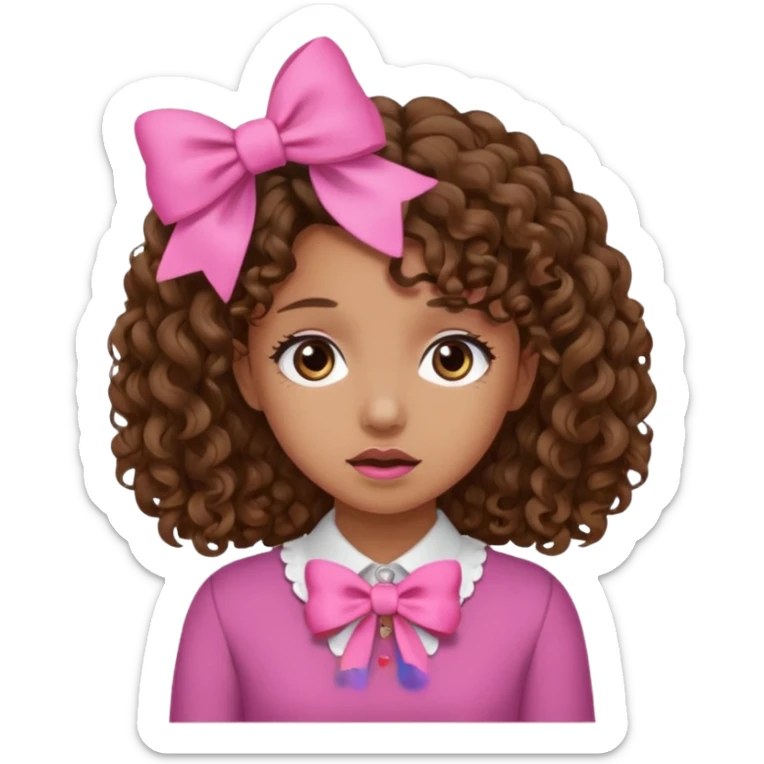 Curly hair brown hair tan skin girl, Pleading Face emoji, using pink bow sticker