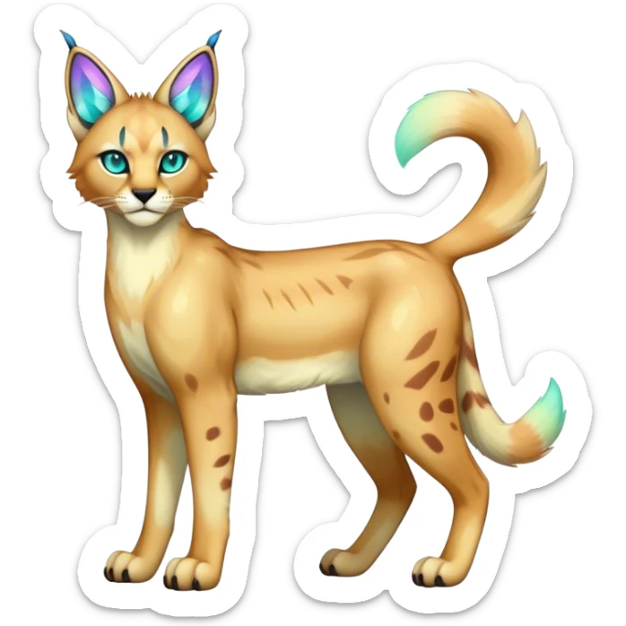 An iridescent transparent luminescent colorful fantasy-lynx-caracal-serval-fakemon-creature-hybrid full body sticker