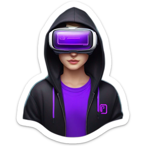 Russian student wearing black hoody with violet letters "OMG", in vr headset. Cyberpunk style. Violet neon. sticker