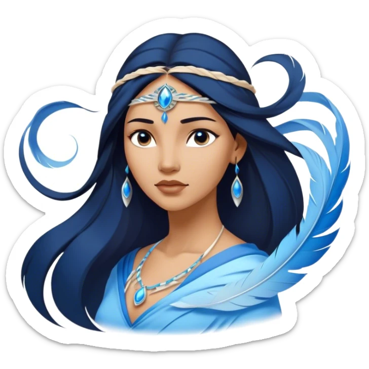 Cinematic Elegant Pocahontas Portrait Emoji, Standing serenely with a blue wind swirl around her, soft feathers in her hair, a tranquil yet powerful gaze, beauty beyond time, an ethereal aura of connection with nature, regal and enchanting! sticker