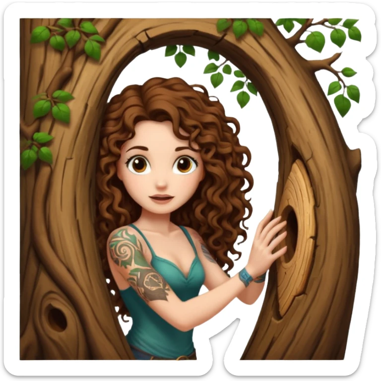 woman with long curly brown hair, brown eyes, white skin, tattoos, opening a tree trunk like a secret door portal sticker