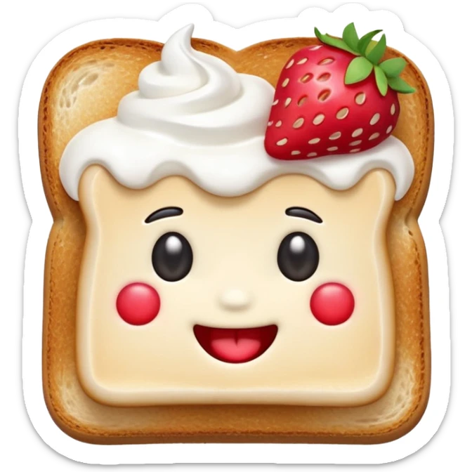emoji illustration of a square toast topped with fluffy white cream, decorated with a strawberry bow made from two strawberry halves and a small sliced center, bright red and glossy, Clean soft shading, kawaii emoji style, centered object, no plate, no background, high detail, pastel tone sticker