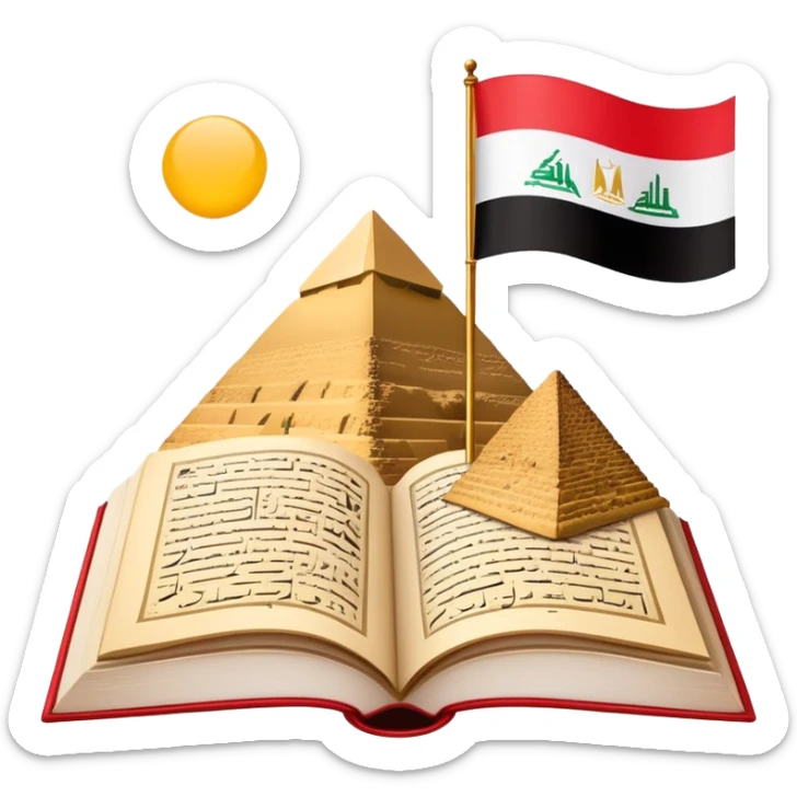 An icon featuring the Pyramids of Giza and the big flag of an Arabic-speaking country, symbolizing the Arabic language. The design includes an open book with Arabic script and calligraphy, representing language learning and cultural heritage. Transparent background sticker
