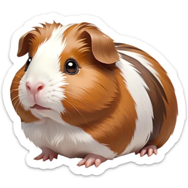 Cinematic Cute Brown and White Banded Guinea Pig Portrait Emoji, Head tilted playfully and inquisitively, showcasing a fluffy coat with playful brown and white banded patterns, round, sparkling dark eyes filled with curiosity, Simplified yet irresistibly adorable features, highly detailed, glowing with a warm, friendly glow, high shine, affectionate and spirited, stylized with a touch of whimsy, bright and endearing, soft glowing outline, capturing the essence of a mischievous yet loving guinea pig, so playful it feels like it could dash out of the screen and into your arms! sticker