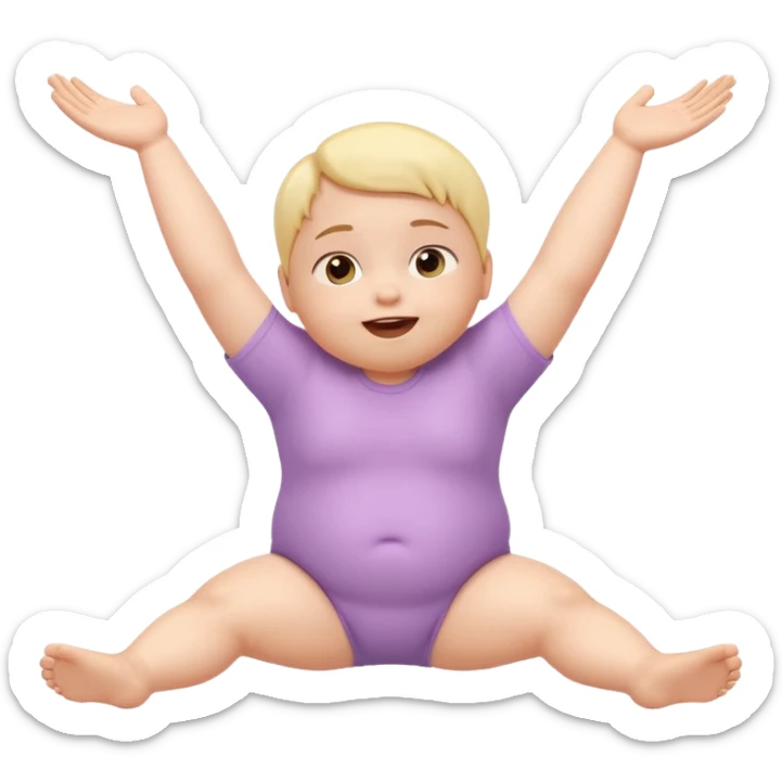 Cute 3D baby emoji with fine baby hair, stretching arms and legs wide, lying down surprised but neutral expression, relaxed posture, chubby infant proportions, pastel colors, clean background, emoji-style illustration sticker
