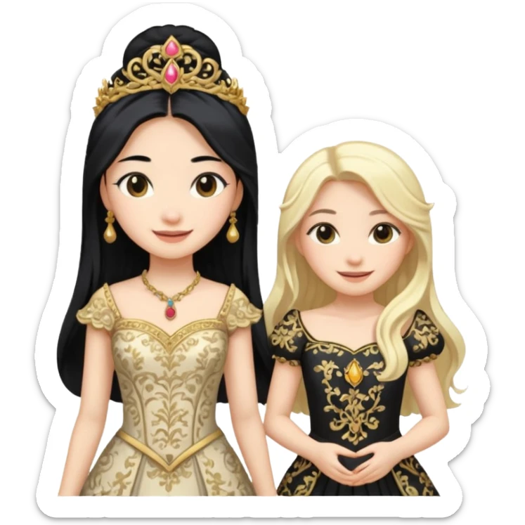 Asian girl black hair and blonde white girl dressed as princesses sticker