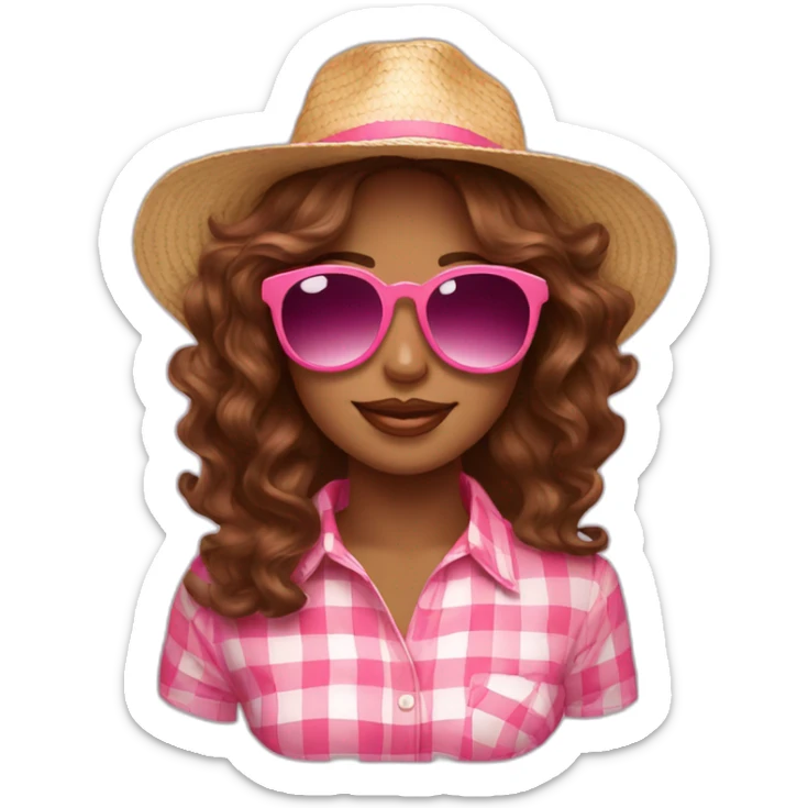 pink sunglasses on female head with wavy brown hair and a summer hat sticker