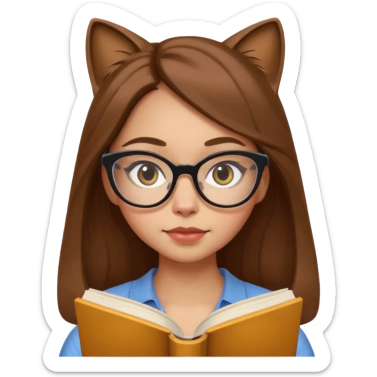 ACB clean beautiful girl long brown hair, wear glasses cat eye, reading a book sticker