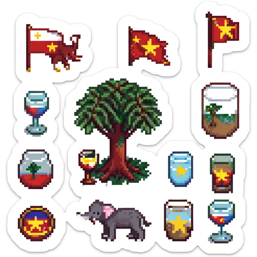 cat, dog, wolf, Vietnam flag, tree, elephant, and a glass all together in pixel art style sticker