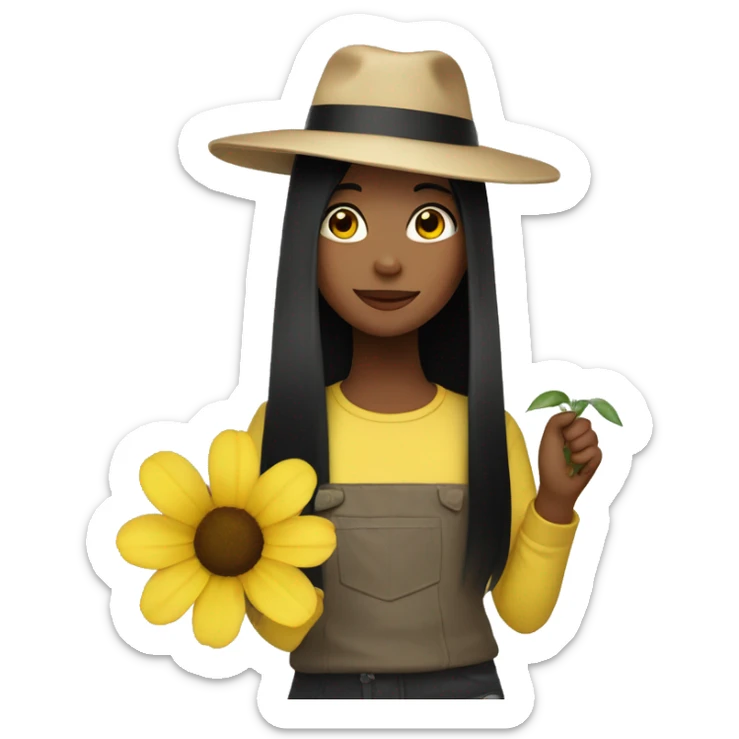 Girl with black long straight hair wearing a hat and a yellow flower in her hand sticker