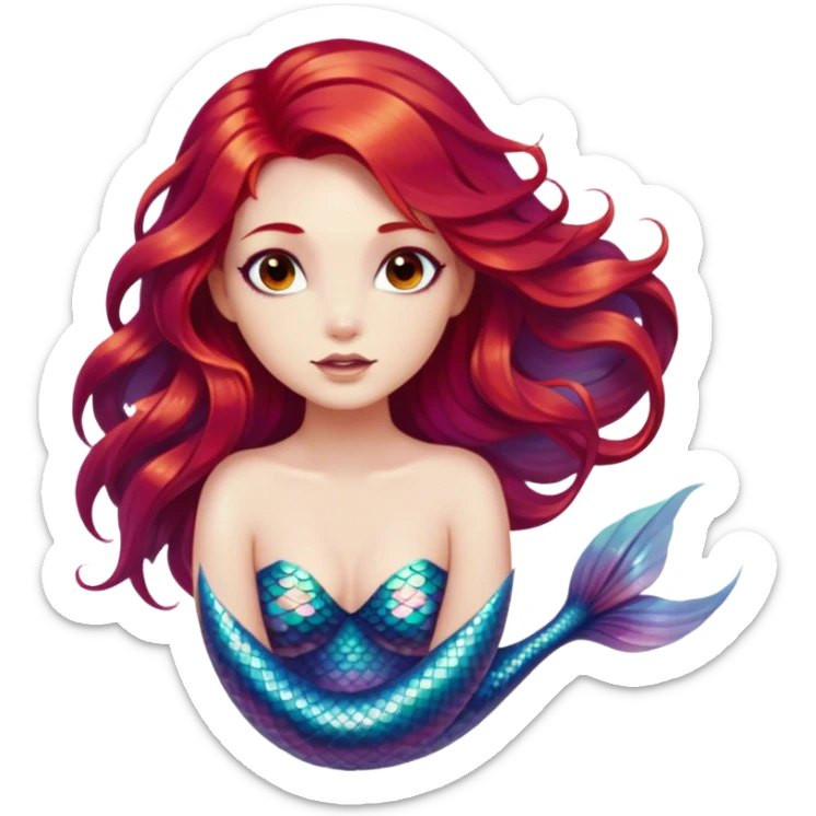 Cinematic Realistic Red Hair Mermaid Portrait, depicted with lifelike porcelain white skin that glows with an ethereal radiance, enhanced by soft underwater lighting. Her intricately detailed, flowing red hair cascades like liquid fire, framing deep, soulful eyes that mirror the mysteries of the deep sea. Accented by shimmering, iridescent scales and delicate aquatic embellishments, the portrait features an enchanting underwater glow that marries realism with mythic ocean elegance. sticker