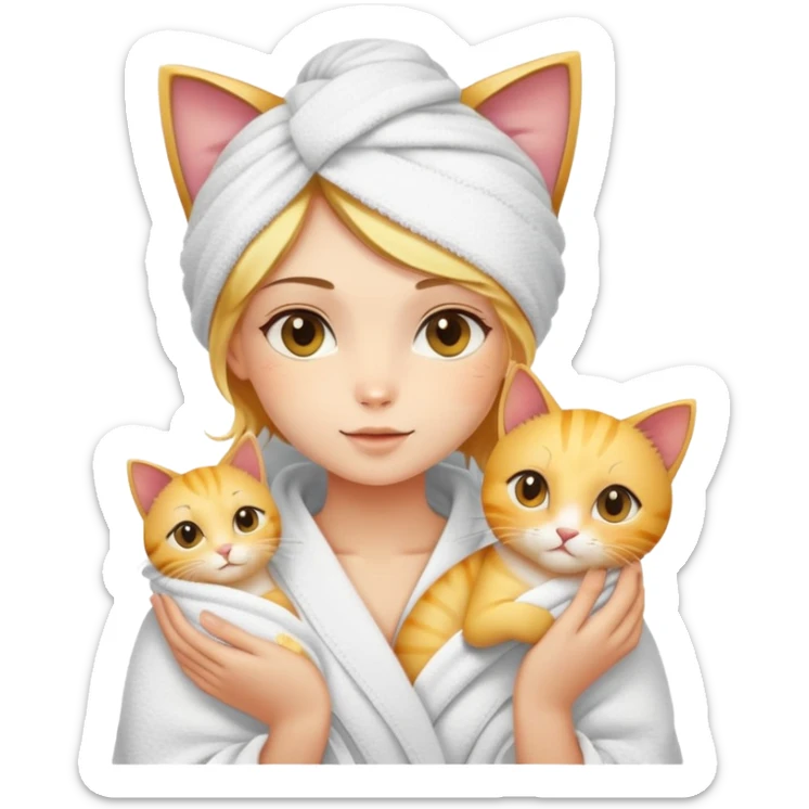 A beautiful girl with fair skin - just finished taking a shower - wrapped in a bath towel and holding a golden gradient cat sticker