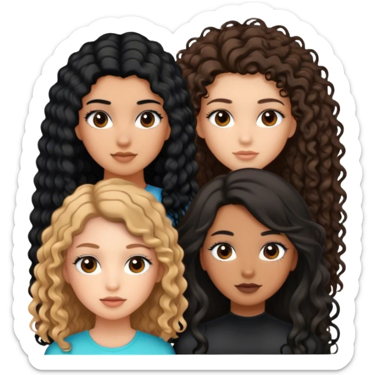 2 tan girls with black long curly hair and long lashes, 1 girl with long straight hair, 1 girl with short straight hair sticker