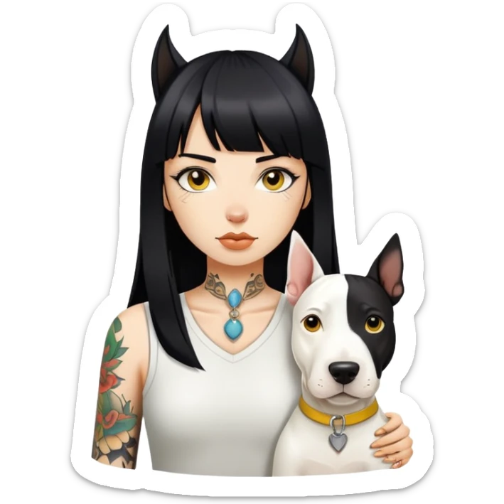 girl with long black  straight bangs hair and tatoo a Springer dog  and yellow bull terrier sticker