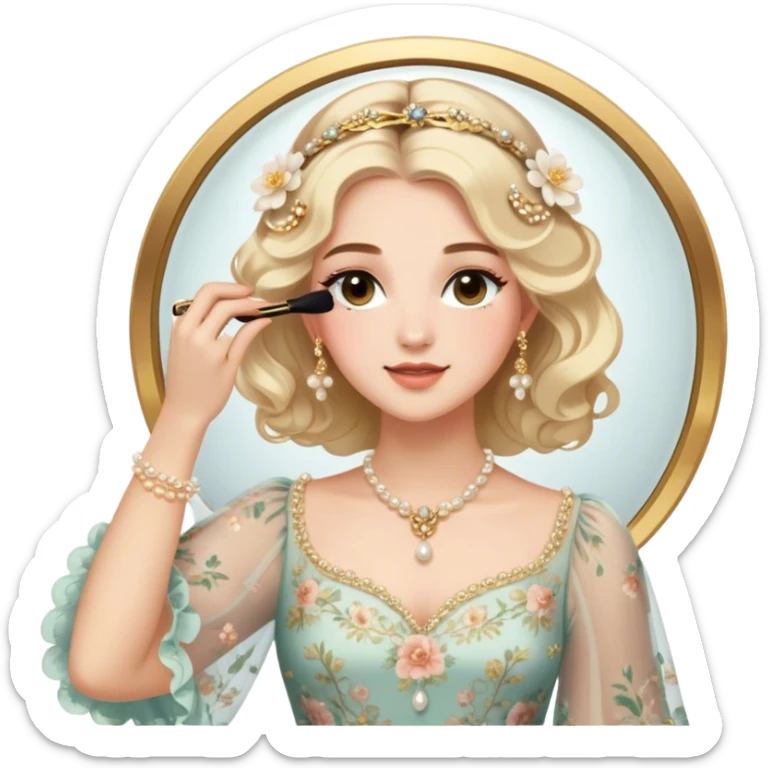  Middle Eastern-inspired moment of a woman getting ready in front of a mirror. She wears a delicate floral dress with sheer, flowy sleeves, accessorized with gold jewelry and traditional pearl-adorned hair clips. Her  as she applies mascara, her reflection revealing a soft smile.  sticker