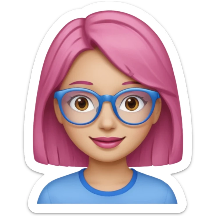 A girl with peach skin, brown eyes, blue glasses, pink lips, and light brown hair. sticker