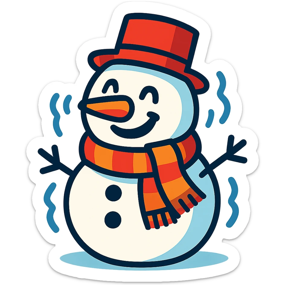 happy snowman with a big smile, wearing a scarf, shivering slightly from the cold sticker