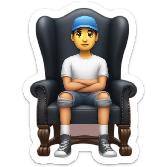 A cap wearing boy seating on a king chair ,the chair with wings an the background display  name sunil kumawat  sticker