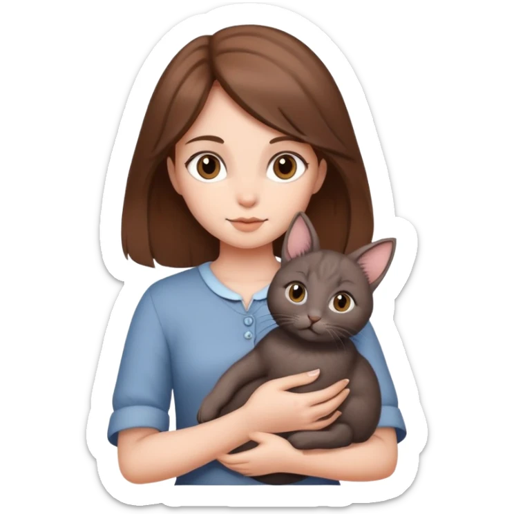 girl with brown hair holding a brown rabbit, gray cat, and black kitten sticker