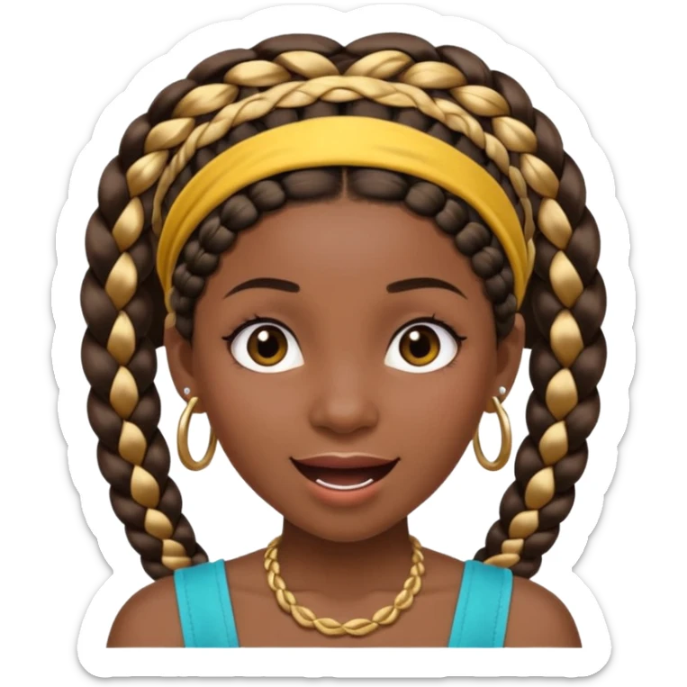 big lose braids starting from the top of the head woman face wiith big visible braids and mono color headband on head excited face and braids as big as headband and lots and lots of piercings sticker