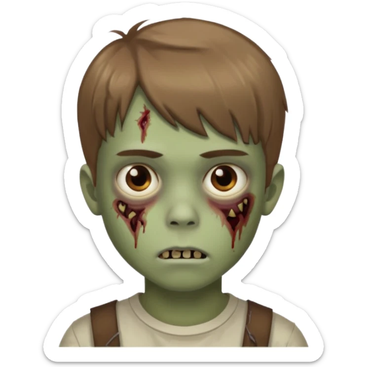 quero um emoji de um menino com pele de zumbi cabelo castanho claro e de franja olhos menores sticker
