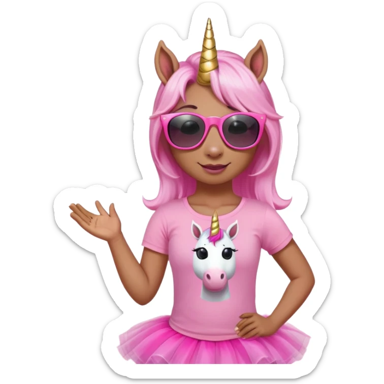 friendly anthropomorphised female unicorn with horse-like face, in tutu and pink t-shirt, wearing dark sunglasses, relaxed pose, close-crop head and shoulders sticker