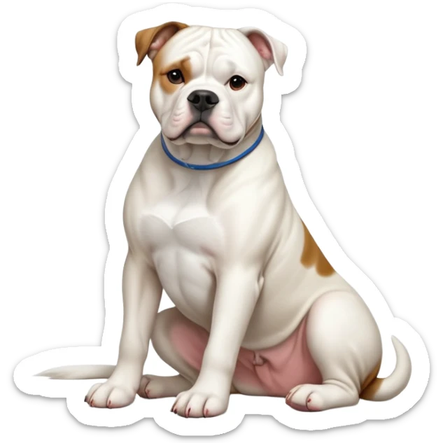 cinematic-[american bulldog]-realistic-full-body-sitting-emoji,-tail-resting-loosely-beside-its-paws,-head-tilted-dramatically,-sleek-[solid white]-fur,-simplified-yet-realistic-focused-features,-highly-detailed,-glowing-with-an-almost-sarcastic-glow sticker