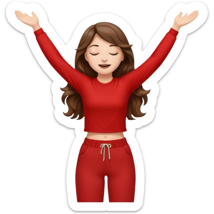 crie uma menina branca com cabelos castanhos longos ondulados, uma roupa de calça e blusa de manga curta na cor vermelho, com braços juntos para cima, olhos fechados e perna levantada sticker