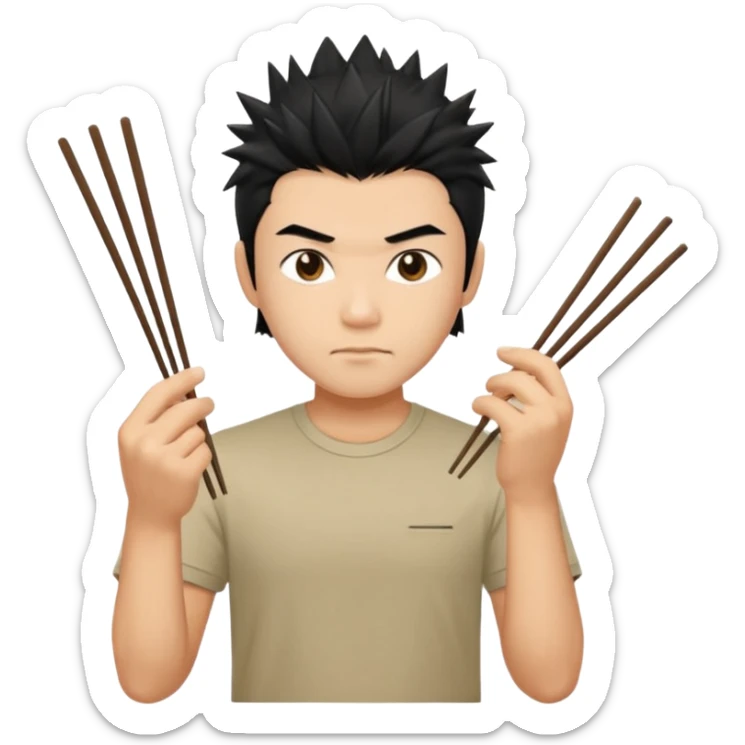 Make it a vietnamese male with spiky black hair holding only ONE pair of chopsticks, t-shirt sticker
