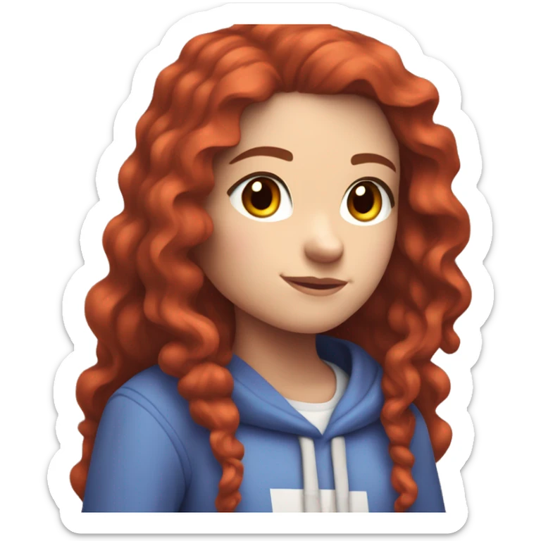 a white girl with long red curly hair, wearing periwinkle Minecraft hoodie playing a videogame sticker