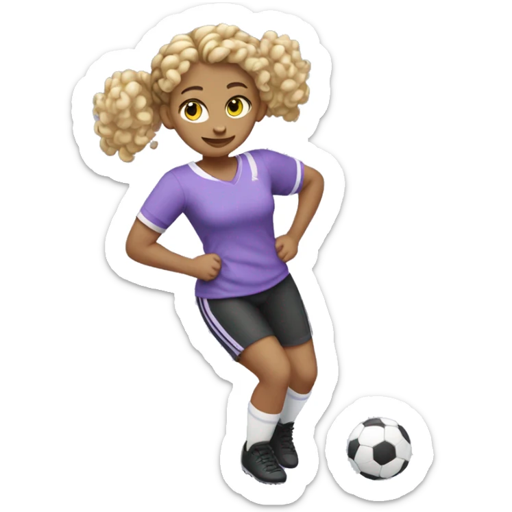 BLONDE GIRL WITH CURLS PLAYING FOOTBALL SMILING WITH BRAIDS WITH LILAC AND BLACK T-SHIRT WITHOUT STRIPES FULL BODY WITH A BALL sticker