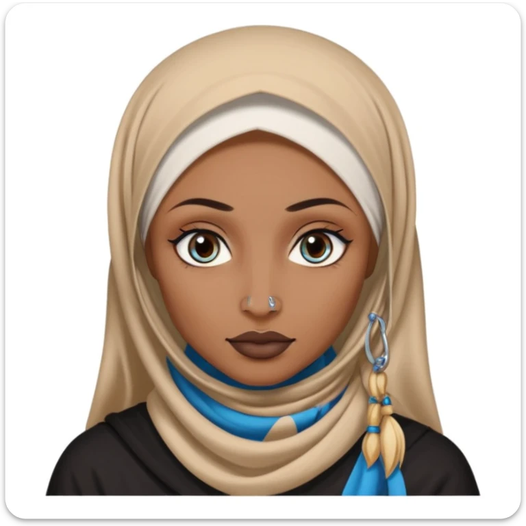 white girl with long blonde hair, blue eyes, tattoos, a septum nose piercing, and a dark skinned woman in a hijab with brown eyes sticker
