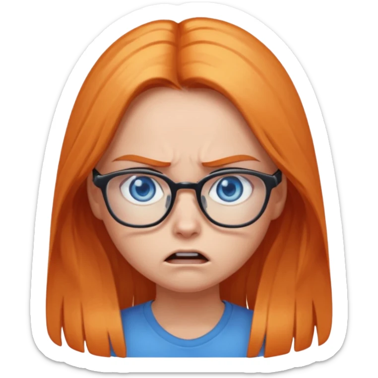 a girl with blue eyes, glasses and light orange long hair angry sticker