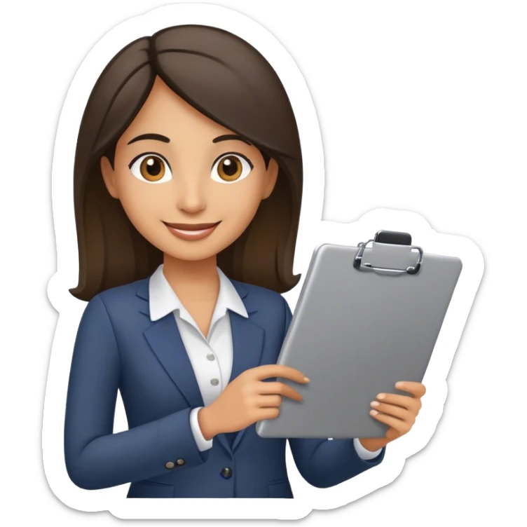 Emoji of an HR specialist: friendly smile, holding a clipboard or laptop, business-casual outfit, symbolizing communication and hiring sticker